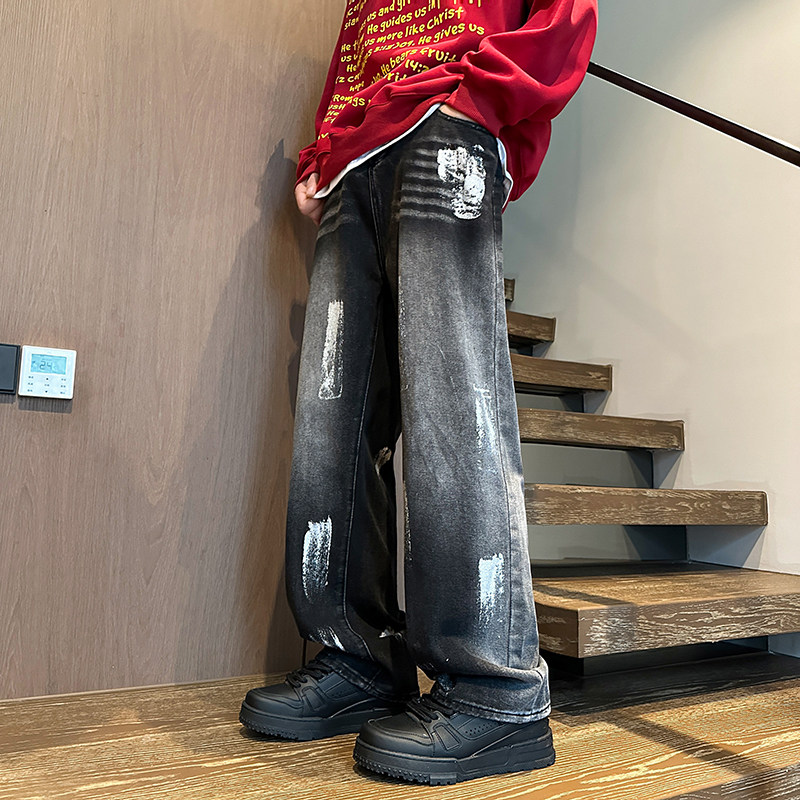 2025秋季涂鸦油漆阔腿牛仔裤男做旧水洗裤子A166-N599-P55控88,男装牛仔裤,电商A166