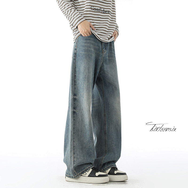 美式猫须水洗做旧牛仔裤男宽松复古直筒长裤A166-NA5J01-P45控69，男装牛仔裤，电商A166
