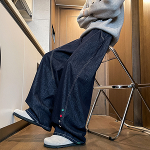 排扣牛仔裤男美式高街复古廓形休闲弯刀裤子A166-NA5815-P75控138图片