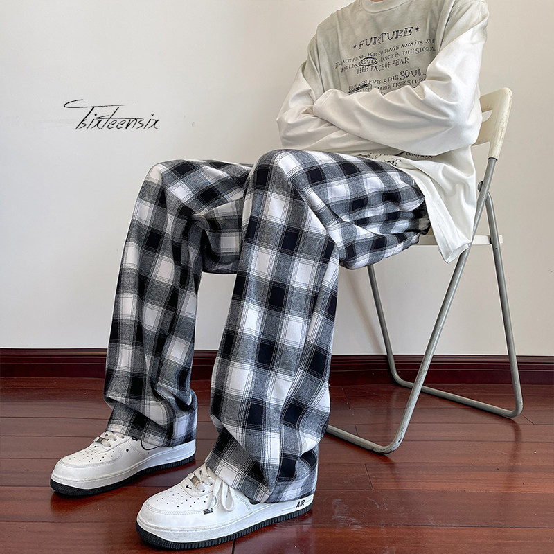 美式复古格纹裤子男秋季阔腿裤直筒垂感长裤A166-KZ82-P55控78,男装休闲裤,电商A166