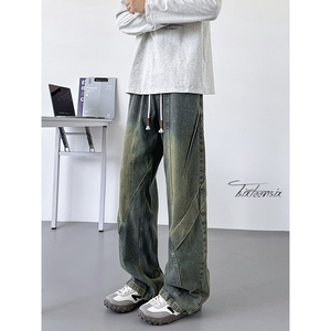 美式工装牛仔裤男水洗褶皱高街vibe长裤A166-NA5802-特P42控78图片