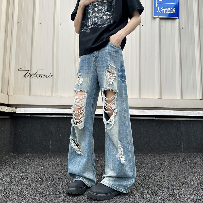 水洗破洞牛仔裤男女夏季竹节纹裤子A166-NA5411-NA5412-特P45控89图片