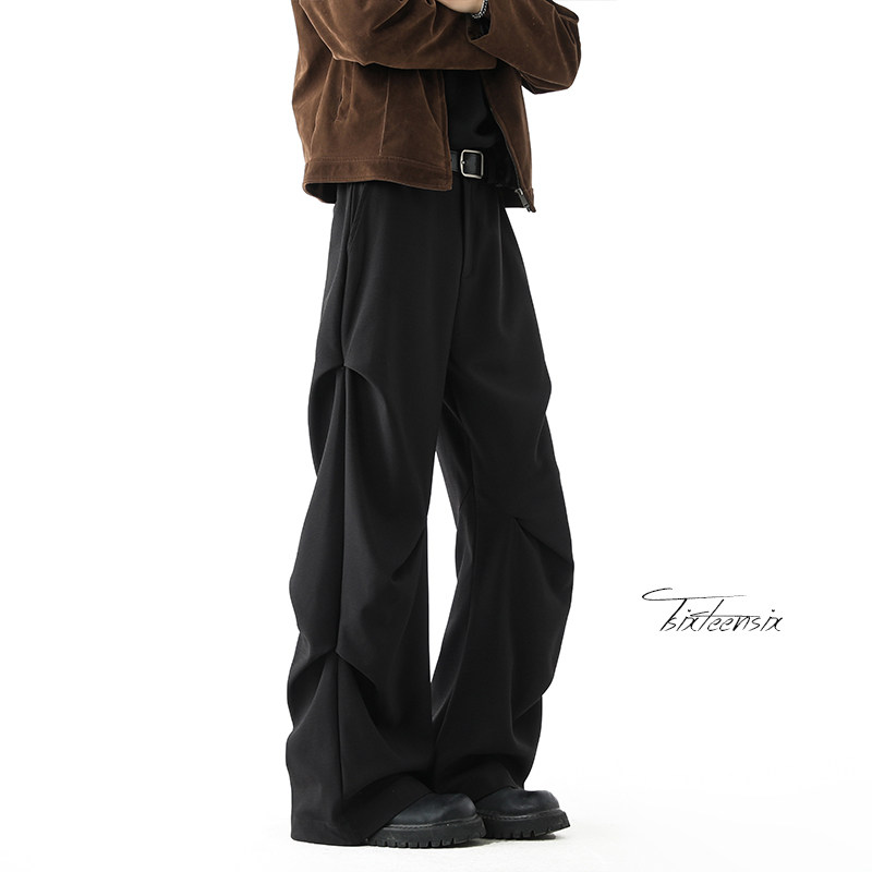 美式褶皱黑色阔腿西裤男春季微喇休闲裤子A166-KA5907-特P45控69，男装西裤，电商A166