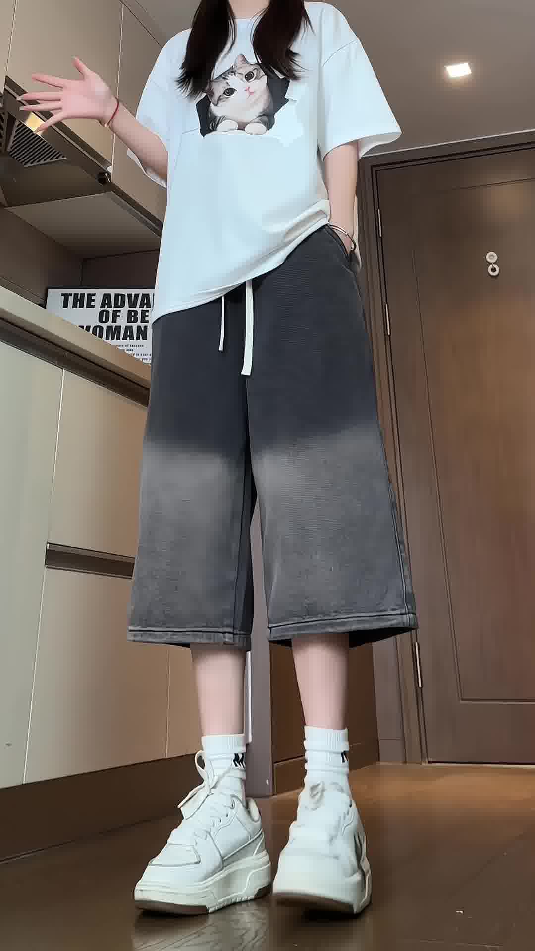 牛仔渐变七分裤男夏季过膝高街直筒裤子潮流A166-DK84-特P35控59,男装牛仔裤,电商A166