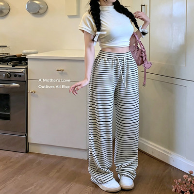 黑白条纹女夏季松紧腰阔腿休闲裤