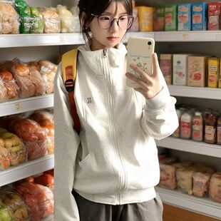 立领卫衣女秋冬加绒外套宽松慵懒BF开衫美式复古短款拉链夹克上衣