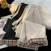 子 女2026春秋潮牌宽松直筒阔腿灯芯绒运动长裤 美式 格纹卷边休闲裤