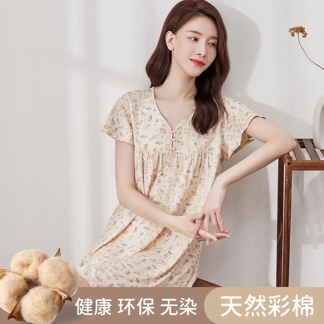 頂呱呱天然彩棉睡裙短袖純棉印花