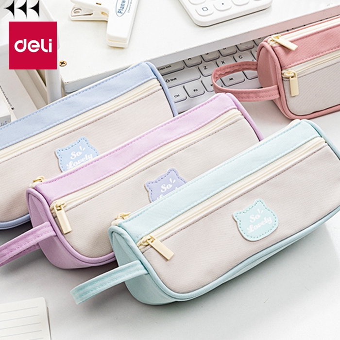 得力大容量简约笔袋双层拼接色