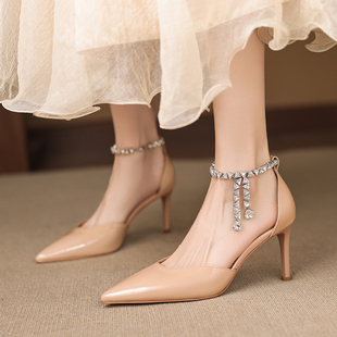 鞋子女款2026新款名媛水钻裸色高跟鞋女细跟尖头浅口单鞋性感百搭