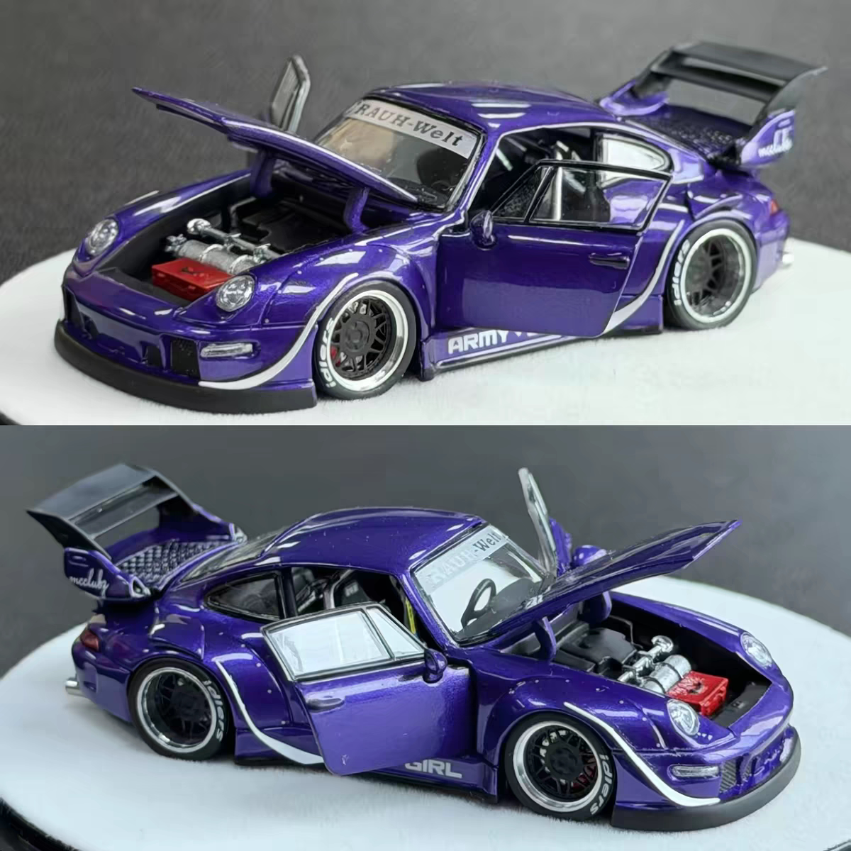 现货 PGM 1:64 保时捷RWB 993 ARMY GIRL 金属紫 全开合金车模图片