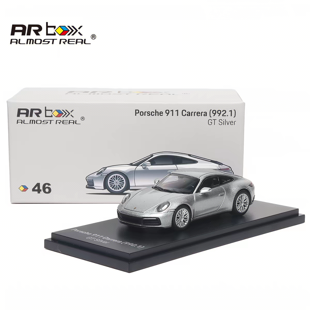 保时捷911 Carrera（992.1）GT 1:64合金车模银色 AR box汽车模型图片