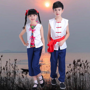 新款王二小放牛娃舞台服儿童游击队民兵服装无袖小英雄雨来演出服