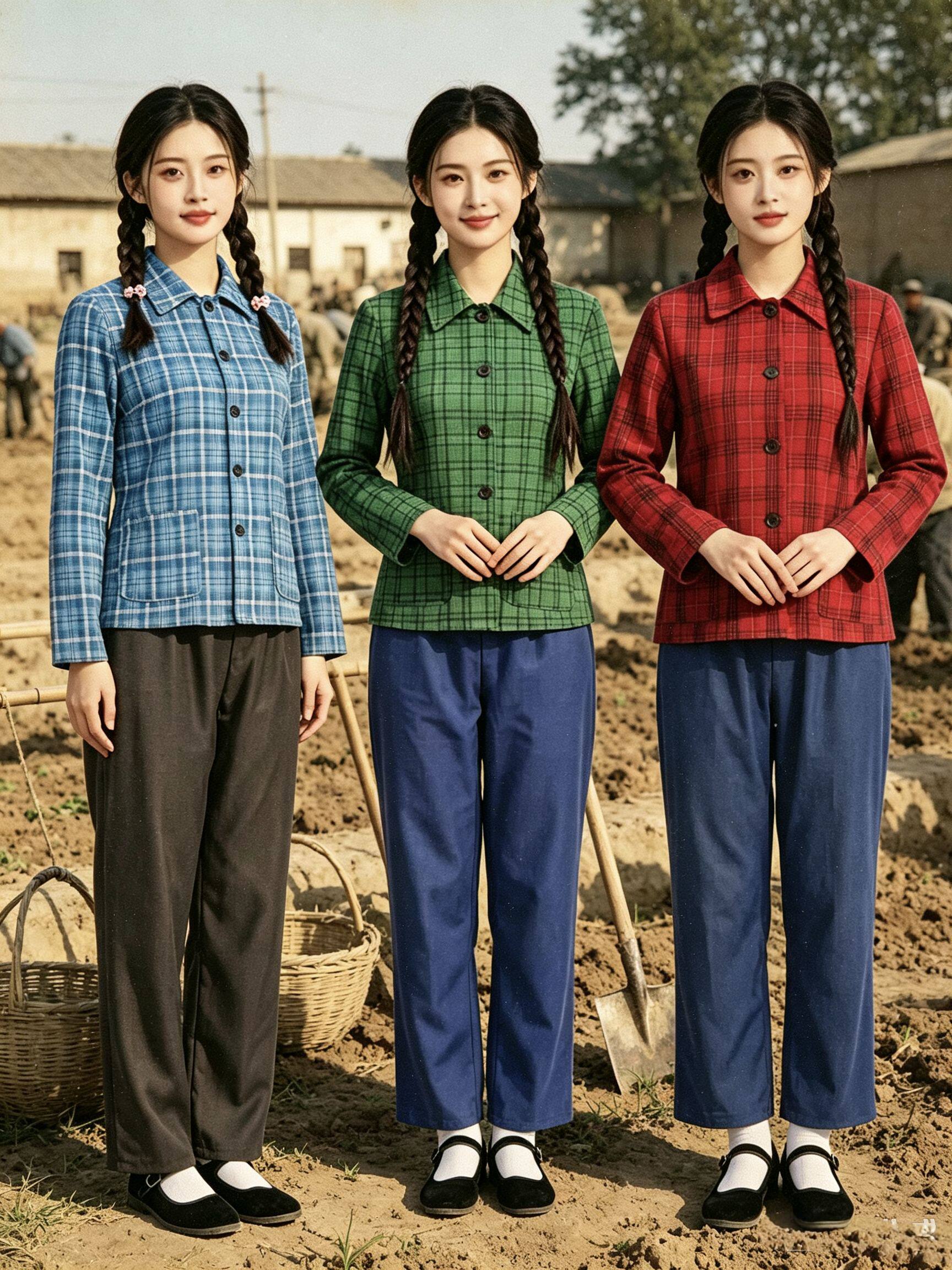 八十年代怀旧服装复古格子成人农村衣服老式衬衫知青村姑演出服装