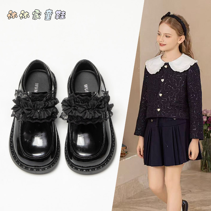 女童鞋子儿童公主单鞋2026春季新款小女孩亮面皮蕾丝软底黑色皮鞋