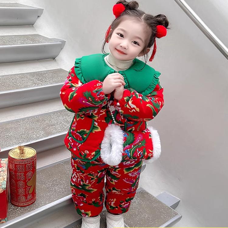 东北大花棉袄女童冬季拜年服套装儿童加厚棉服女宝宝冬装保暖棉衣