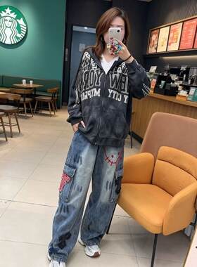 大码重工烫钻连帽外套女 美式复古翅膀刺绣开衫卫衣 宽松遮肉显瘦