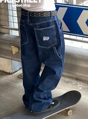 口袋刺绣蓝色明线工装阔腿牛仔长裤男滑板直筒阔腿水洗牛仔裤街舞