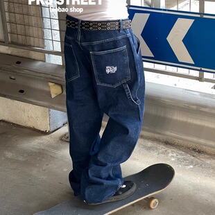 街舞 男滑板直筒阔腿水洗牛仔裤 口袋刺绣蓝色明线工装 阔腿牛仔长裤