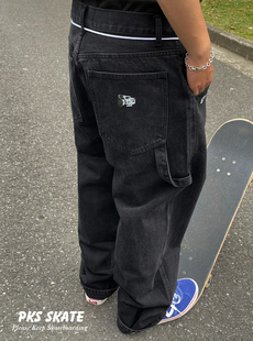滑板直筒阔腿黑色牛仔裤 印花BigBoyJeans宽松老爹裤 阔腿牛仔长裤