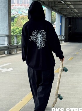 后背大蛛网滑板连帽卫衣skate秋冬街舞印花加绒卫衣连帽衫
