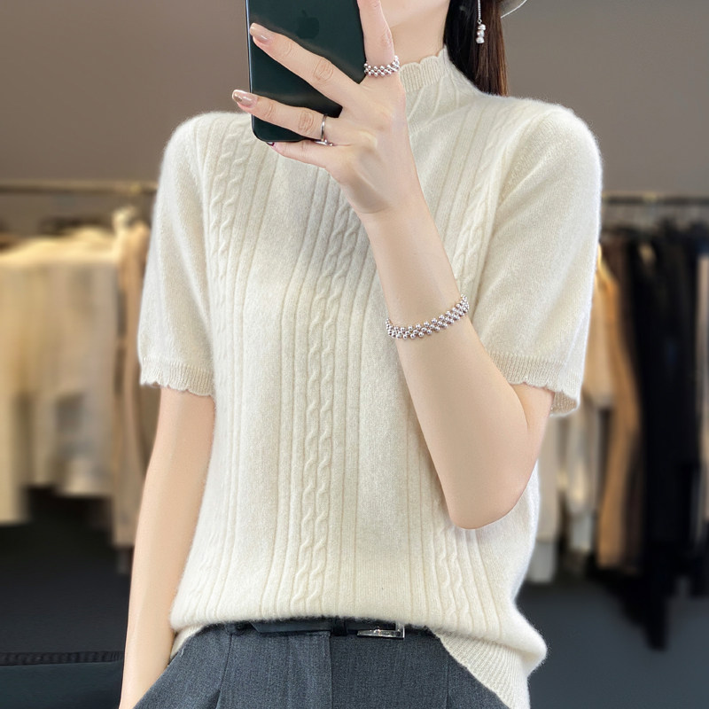 花边半高领女士纯色坑条扭花气质半袖宽松休闲百搭纯羊毛针织短袖