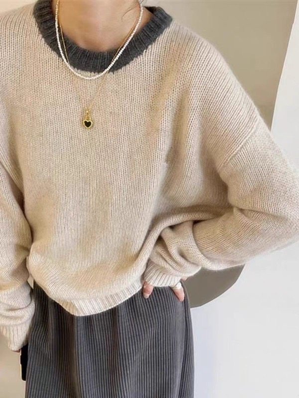 2025秋冬新款100%纯羊毛衫女圆领拼色宽松显瘦针织打底衫毛衣上衣