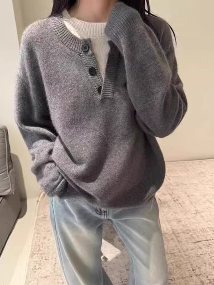 s秋冬新款100%纯羊毛衫女半开领针织宽松毛衣外穿加厚打底衫上衣