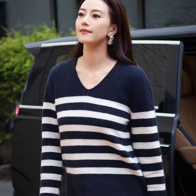 s2025秋冬新款圆领条纹针织套头衫女宽松显瘦毛衣外套上衣100羊毛