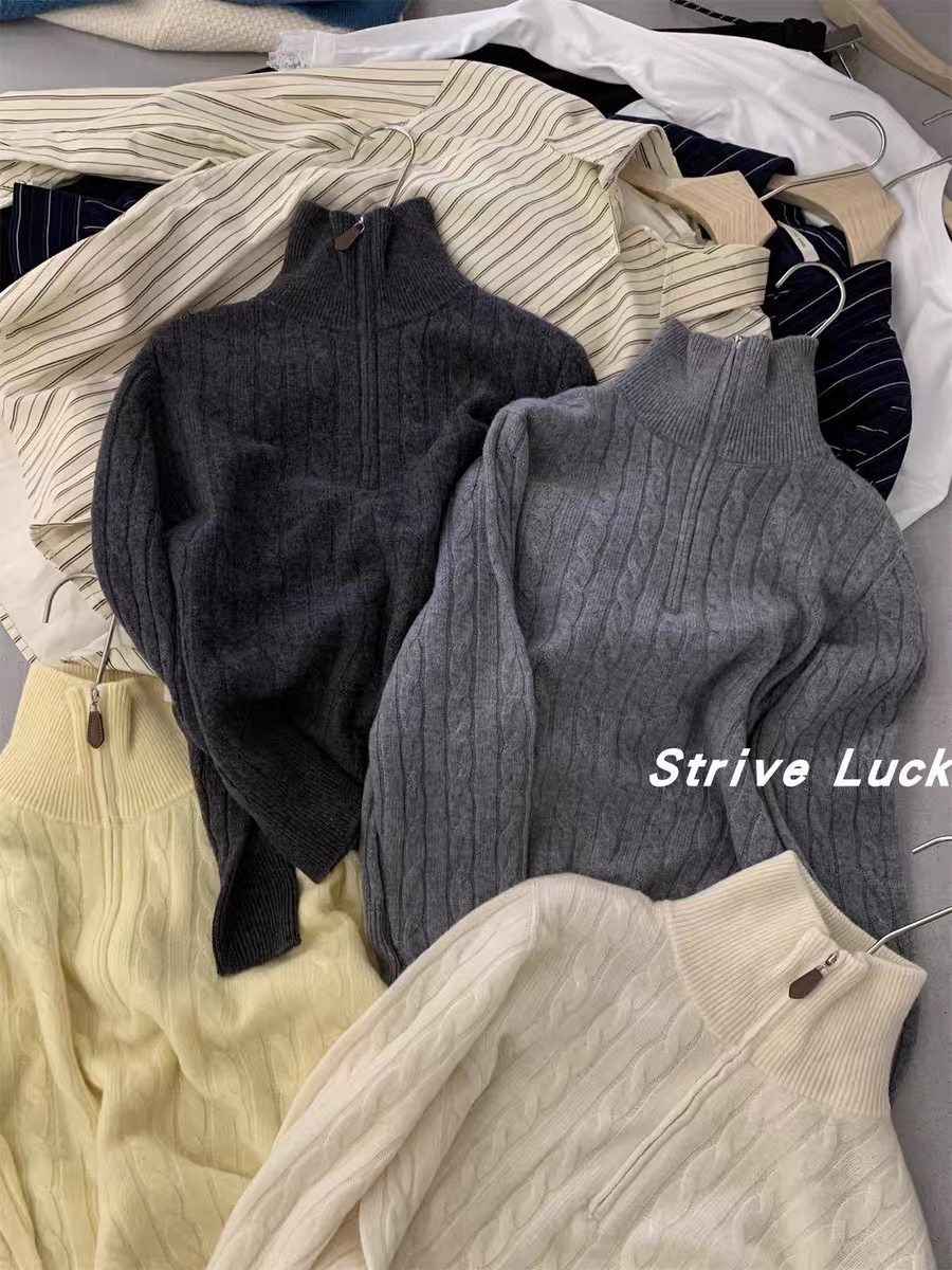 2025年冬新款半拉链立领羊毛衫女洋气减龄绞花软糯套头上衣