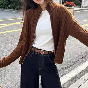 松弛半高领双拉链100%纯羊毛开衫女加厚绞花针织毛衣宽松羊绒外套