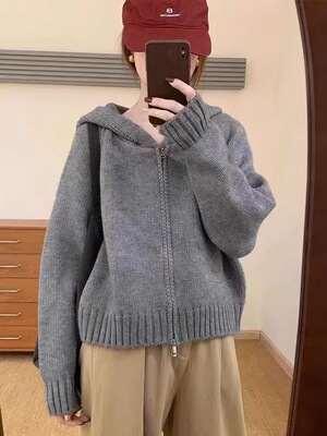 2025新款秋冬100%纯羊毛女连帽针织衫宽松纯色百搭毛衣抽绳帽衫