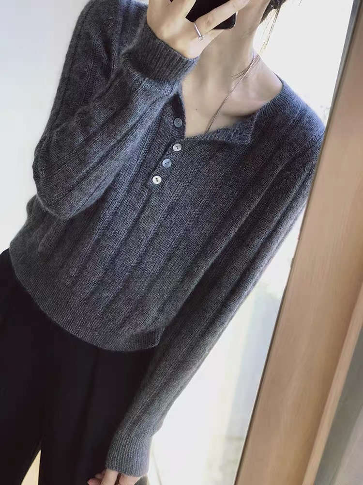 新款秋冬100%纯羊毛女半开领针织衫宽松纯色百搭毛衣