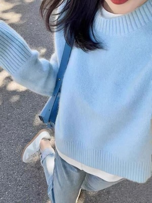 温柔冬季圆领羊绒衫毛衣女宽松软糯加厚针织衫小个子针织羊毛打底