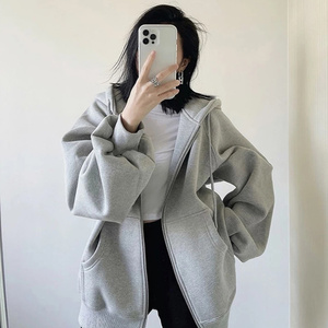 秋季灰色卫衣外套女春秋款2023新款拉链运动套装宽松开衫加绒加厚