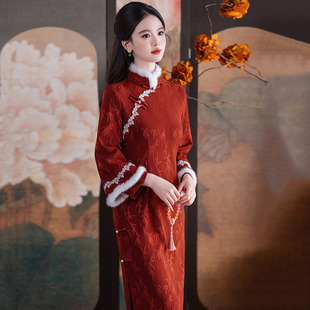 新中式高端红色长袖旗袍女加绒保暖订婚礼服日常可穿拜年服秋冬装