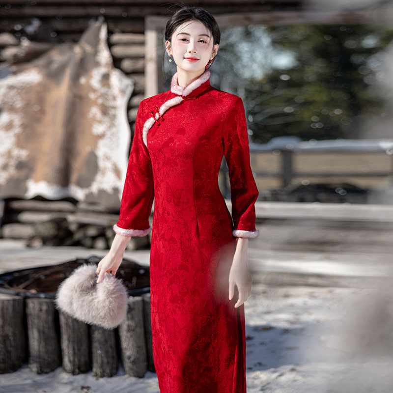 时尚华韵红色加绒冬装国风新中式长款长袖旗袍2026新款年轻款女