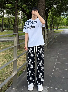 高街小众星星印花直筒裤日常搭配球鞋男女同款卫裤百搭潮流休闲裤