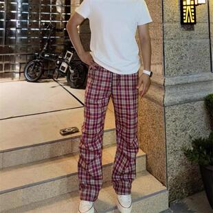 春秋新款美式复古格子休闲裤男工装裤撞色褶皱微喇潮牌学生直筒裤