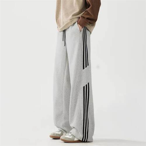 美式条纹卫裤男学生秋季潮牌设计感运动裤子高街百搭直筒阔腿长裤