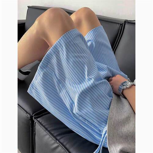 蓝色条纹短裤夏季宽松休闲抽绳沙滩裤子阔腿裤度假百搭情侣五分裤