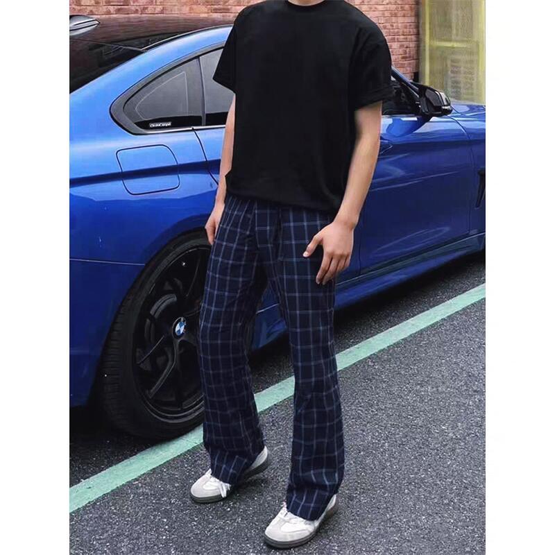 春秋美式休闲长裤藏蓝格子潮牌直筒裤青少年学生透气运动篮球卫裤图片
