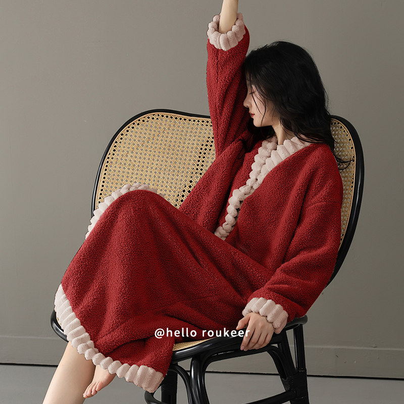 睡袍女秋冬季2026新款珊瑚绒晨袍新娘结婚红色半边绒情侣睡衣浴袍