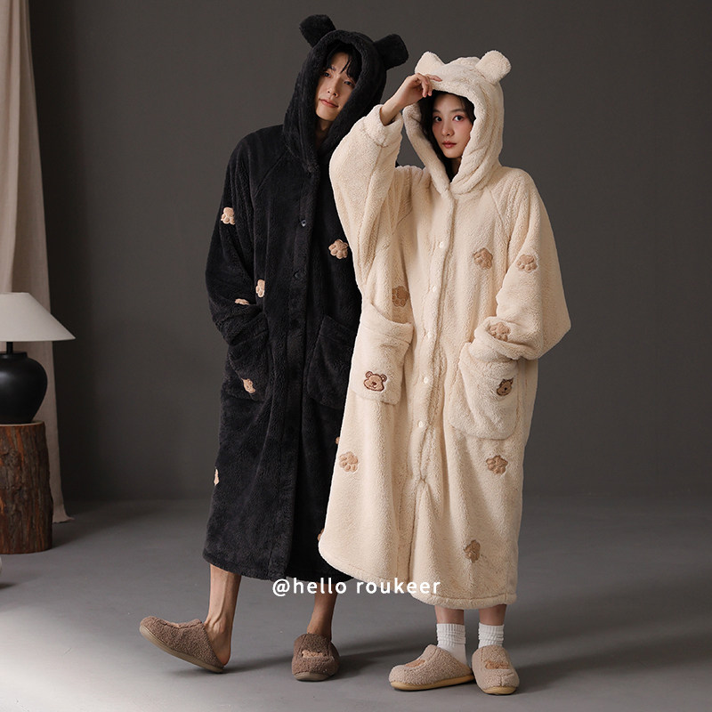 2025年新款情侣睡衣女款秋冬季加厚加绒珊瑚绒男士睡袍套装家居服