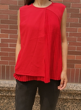 pu****cacion ga**ia 西班牙 简约 清新 百褶 无袖红色上衣 TOPS