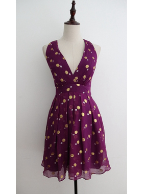 RBY* 设计师 V领 金丝波点高腰褶摆裙 连衣裙