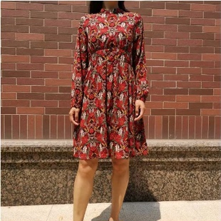 收 连衣裙 浪 花 复 印 雅 漫 腰 EST 古 优