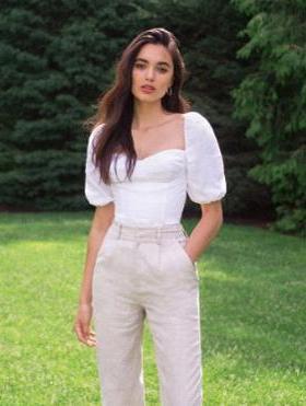 REF***ATION 复古 简洁  时髦 亚麻 泡泡袖上衣