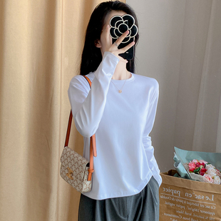白色打底衫女长袖宽松短款T恤2024秋冬高腰棉质圆领百搭纯色上衣