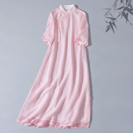 中式立领改良汉服裙连肩五分袖天丝提花禅意茶服连衣裙a字裙仙气